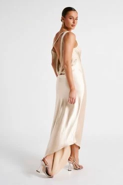 Yvette Slip Maxi Dress With Asymmetrical Hem - Gold -Meshki Shop MESHKI ECOM JUL23 MAXIMISATIONS KATIE DAY02 S33 073