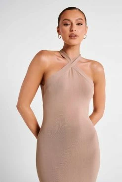 Sarai Halter Neck Knit Midi Dress - Wheat 15 Sarai Halter Neck Knit Midi Dress - Wheat -Meshki Shop MESHKI ECOM JULY23 KATIE DAY01 S11 038