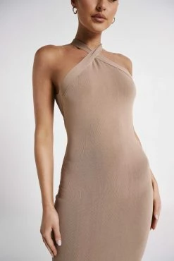 Sarai Halter Neck Knit Midi Dress - Wheat 18 Sarai Halter Neck Knit Midi Dress - Wheat -Meshki Shop MESHKI ECOM JULY23 KATIE DAY01 S11 048