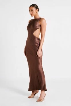 Electra Satin Cut Out Maxi Dress - Mocha -Meshki Shop MESHKI ECOM JULY23 KATIE DAY01 S12 009