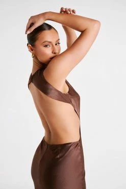 Electra Satin Cut Out Maxi Dress - Mocha -Meshki Shop MESHKI ECOM JULY23 KATIE DAY01 S12 030
