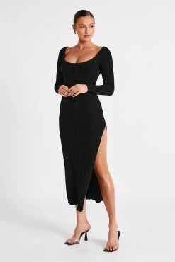 Zinnia Knit Maxi Dress With Split - Black 12 Zinnia Knit Maxi Dress With Split - Black -Meshki Shop MESHKI ECOM JULY23 KATIE DAY01 S17 010