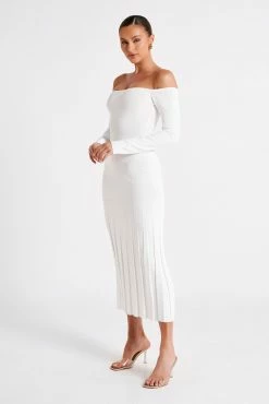 Emmeline Long Sleeve Rib Knit Midi Dress - White -Meshki Shop MESHKI ECOM JULY23 KATIE DAY01 S18 013