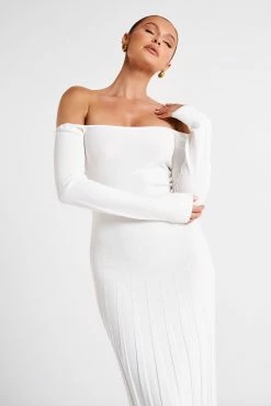 Emmeline Long Sleeve Rib Knit Midi Dress - White -Meshki Shop MESHKI ECOM JULY23 KATIE DAY01 S18 031