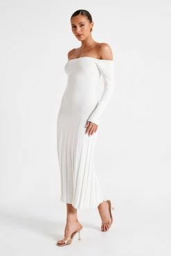 Emmeline Long Sleeve Rib Knit Midi Dress - White -Meshki Shop MESHKI ECOM JULY23 KATIE DAY01 S18 045