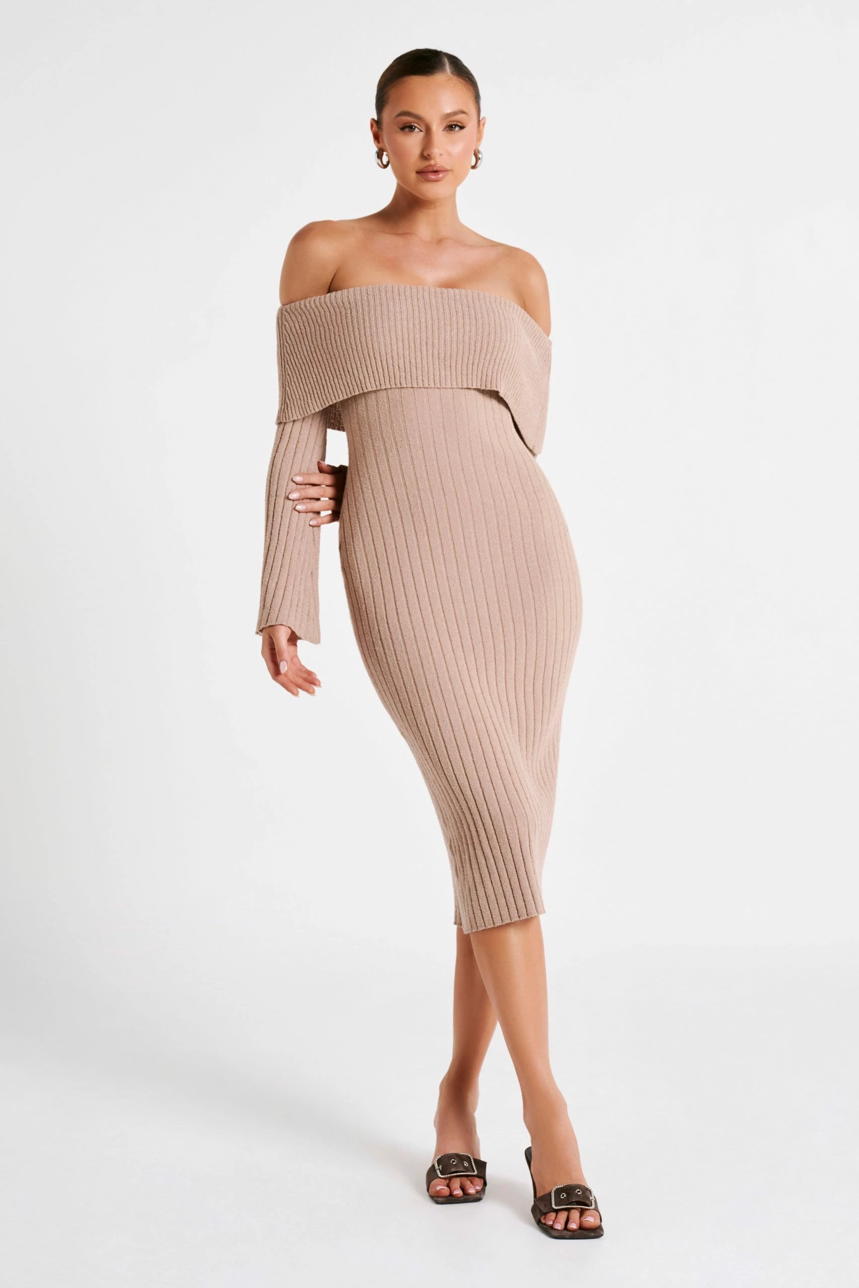 Stefania Off Shoulder Knit Dress - Taupe 3 Stefania Off Shoulder Knit Dress - Taupe