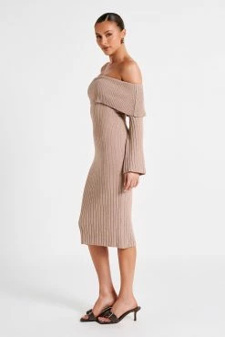 Stefania Off Shoulder Knit Dress - Taupe 11 Stefania Off Shoulder Knit Dress - Taupe -Meshki Shop MESHKI ECOM JULY23 KATIE DAY01 S19 016