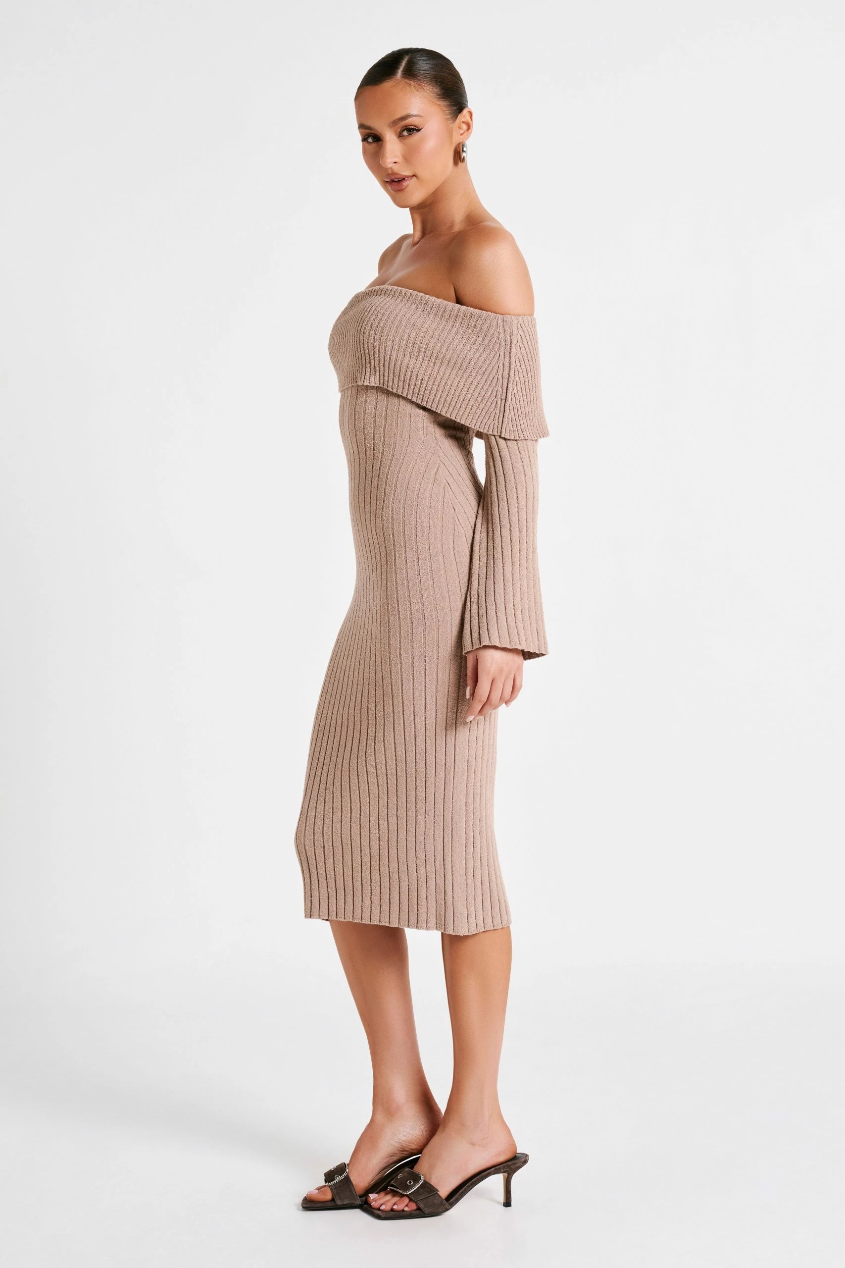 Stefania Off Shoulder Knit Dress - Taupe 5 Stefania Off Shoulder Knit Dress - Taupe - Image 3
