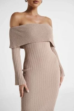 Stefania Off Shoulder Knit Dress - Taupe 13 Stefania Off Shoulder Knit Dress - Taupe -Meshki Shop MESHKI ECOM JULY23 KATIE DAY01 S19 034