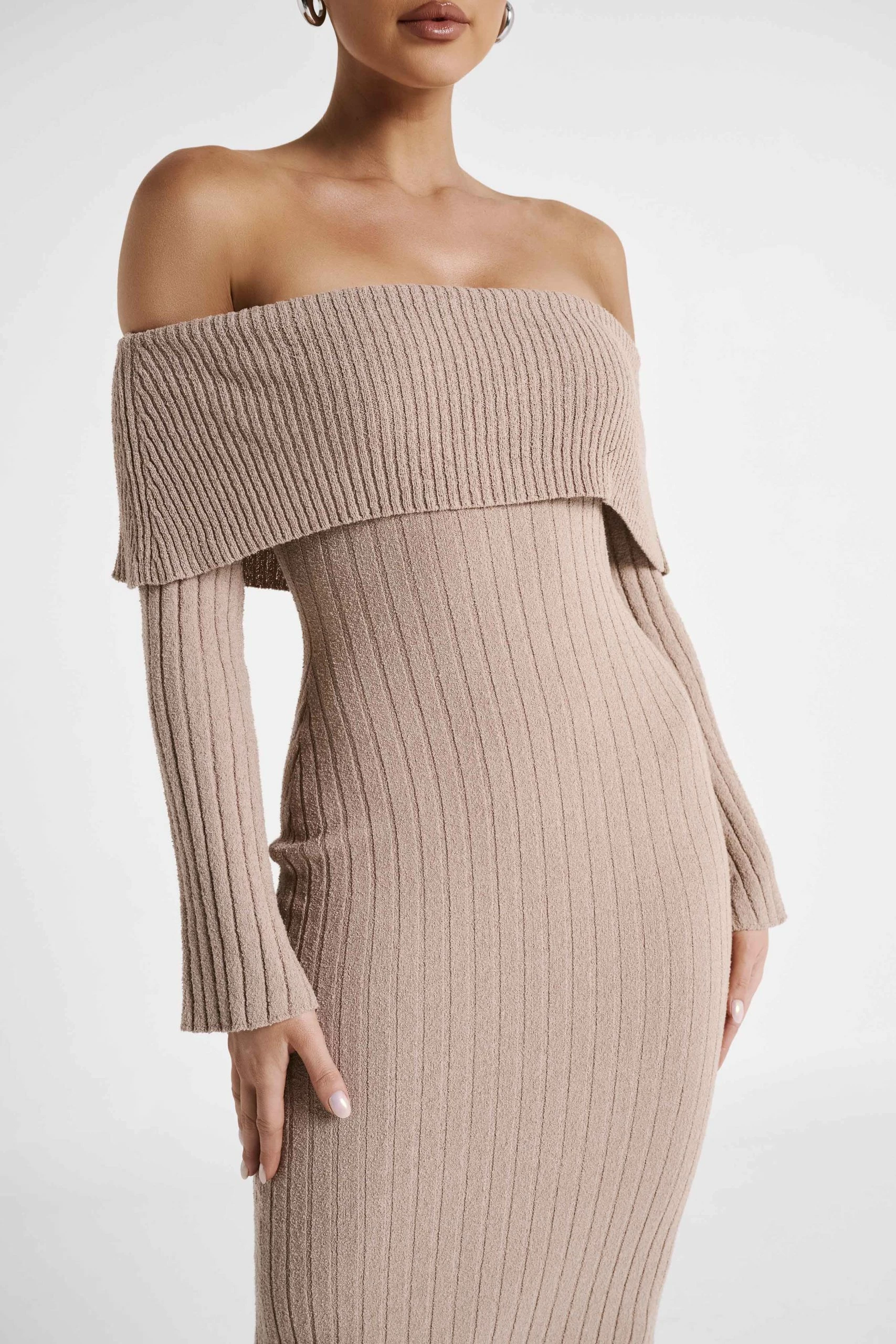 Stefania Off Shoulder Knit Dress - Taupe 7 Stefania Off Shoulder Knit Dress - Taupe - Image 5