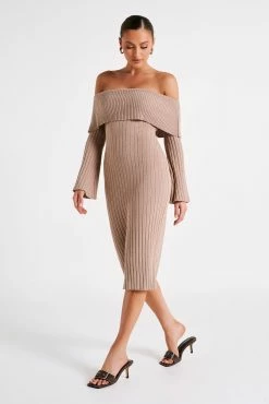 Stefania Off Shoulder Knit Dress - Taupe 12 Stefania Off Shoulder Knit Dress - Taupe -Meshki Shop MESHKI ECOM JULY23 KATIE DAY01 S19 041