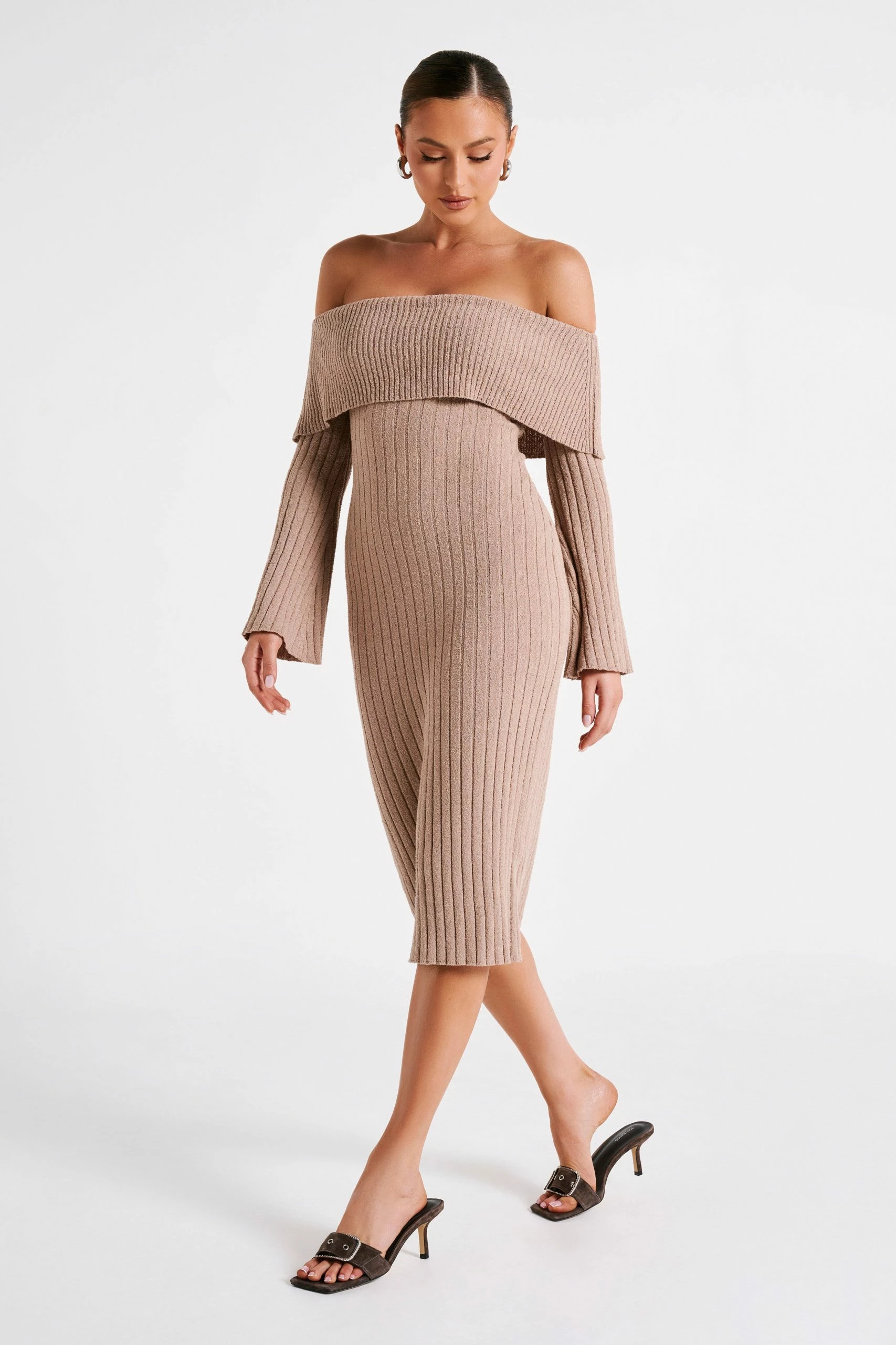 Stefania Off Shoulder Knit Dress - Taupe 6 Stefania Off Shoulder Knit Dress - Taupe - Image 4