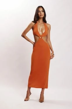 Natalie Halter Neck Cut Out Midi Dress - Burnt Orange -Meshki Shop Mehskiecom02.0315916