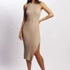 Sienna Knee Length Knit Midi Dress With Side Split - Taupe