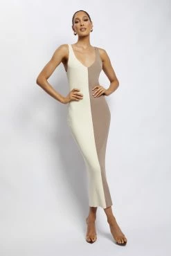 Jodie Two Tone V Neck Midi Dress - Multi Nude