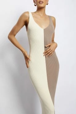 Jodie Two Tone V Neck Midi Dress - Multi Nude -Meshki Shop Meshkiecom14Dec0006copy2