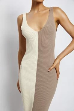 Jodie Two Tone V Neck Midi Dress - Multi Nude -Meshki Shop Meshkiecom14Dec0011