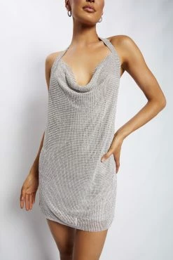 Meilani Low Back Diamante Mesh Mini Dress - Silver -Meshki Shop Meshkiecom14Dec1204