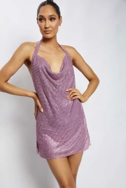 Meilani Low Back Diamante Mesh Mini Dress - Pink -Meshki Shop Meshkiecom14Dec1274