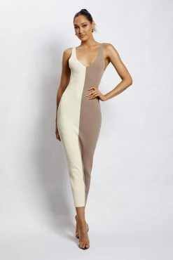 Jodie Two Tone V Neck Midi Dress - Multi Nude -Meshki Shop Meshkiecom14Dec8887