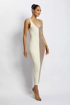 Jodie Two Tone V Neck Midi Dress - Multi Nude -Meshki Shop Meshkiecom14Dec8889