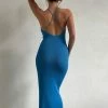 Aryana Asymmetrical Straight Maxi Halter Knit Dress - Azure Blue -Meshki Shop aryanablue