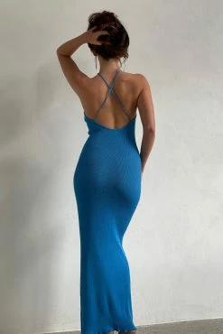 Aryana Asymmetrical Straight Maxi Halter Knit Dress - Azure Blue