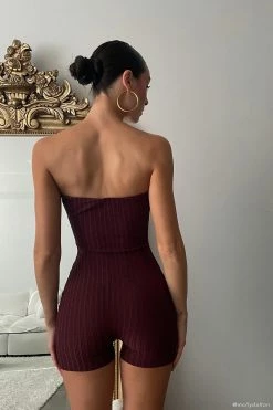 Ginny Strapless Knitted Playsuit - Cherry Chocolate