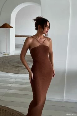 Aryana Asymmetrical Straight Maxi Halter Knit Dress - Clay